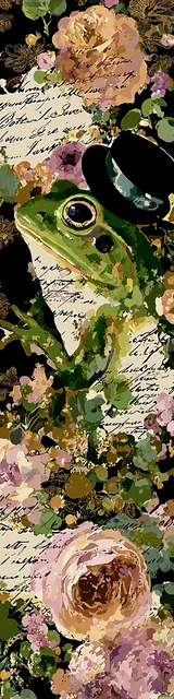 Free printable frog bookmark featuring scribbles with green frog with black hat